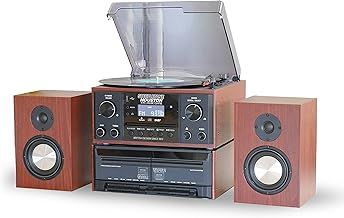 Steepletone HOUSTON Black 6 in 1 Music Centre, Bluetooth Vinyl Record Player, Turntable with CD, Cassette, DAB+ / FM Radio, USB MP3 playback & Encoding, Remote Control, WIRELESS Stereo Speakers