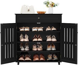 Yaheetech Shoe Cabinet, Wooden Storage Cabinet Organizer with 1 Drawer & 2 Doors, Modern 4-Tier Shoe Rack with Adjustable Shelves for Living Room, Hallway, Bedroom, Black