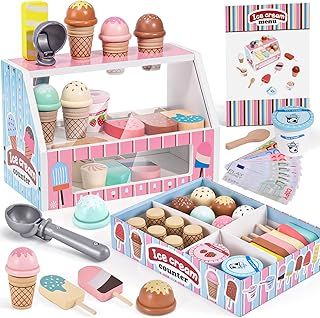 Wooden Ice Cream Toys for Kids Gifts Girls 3 4 5 6 years, Ice Cream Counter Shop Playset Pretend Play Kitchen Accessories with Scoop & Menu & Fake Money, Ice Cream Wooden Educational Toy Gift Kid Girl