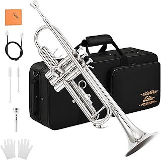 Eastar Bb Standard Trumpet Set for Beginner, Brass Student Trumpet Instrument with Hard Case, Cleaning Kit, 7C Mouthpiece and Gloves, ETR-380N, Nickel