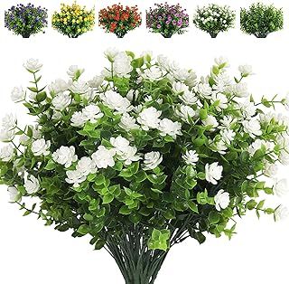 RECUTMS 8 pcs Artificial flowers plastic Outdoor UV Resistant Plants artificial outdoor eucalyptus plants Wedding Bouquet for Home Garden Party Wedding Decoration (White)