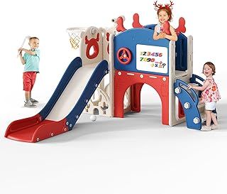 Christmas elk Slide,11 in 1 Toddler Slide,with Basketball Hoop,Basketball,Garden Climbing Frame,Telescope,Storage,Crawling Arch,Golf,Artboard,Extra Long Slide 1570mm（Blue-Red）