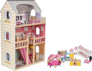 Dolls House with Furniture Set – Large 3-Story Wooden Playhouse with LED Lights – Fully Furnished Dollhouse for Girls – Pretend Play Set for Kids 3+