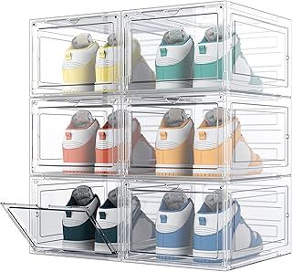 HOMIDEC 6 pcs Shoe Box, Shoe Storage Boxes Clear Plastic Stackable, Shoe Organizer Containers with Lids for Women/Men 34.5 x 27 x 19 cm