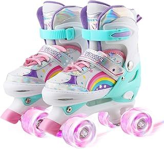 Adjustable Kids Roller Skates for Girls Children Beginners, 4 Sizes Adjustable Roller Skates Rainbow Color for Toddler Little Kids Child with All Wheels Light Up