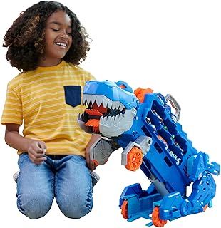 Hot Wheels City Toy Car Track Set, Ultimate T-Rex Transporter, Hauler Transforms into Stomping Dino with Race Track, From Netflix Series “Let’s Race”, HNG50