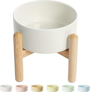 Elevated Dog Bowl Dog Dish - Ceramic Dog Food Bowl with Non-Slip Wooden Stand - Raised Dog Water Bowl - Candy Colored Dog Feeding Bowl - Ideal for Small and Medium Dogs - 2 Cups (23 fl oz) - White