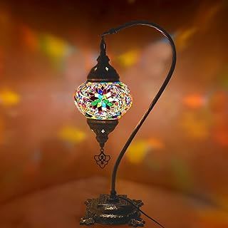 Handmade Bronze Turkish Moroccan Arabian Eastern Bohemian Tiffany Style Glass Mosaic Beautiful Table Desk Lamp Lamps Home Decor Early Sale 2023 (Multicoloured - B)