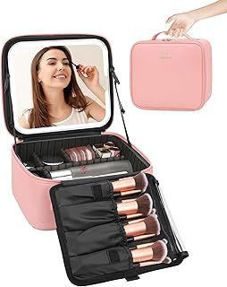 Travel Makeup Bag with LED Mirror-3 Colors Modes, Portable Makeup Organiser with Adjustable Dividers Compartment, Light Up Vanity Case, Makeup Storage for Women with Makeup Accessories,Pink
