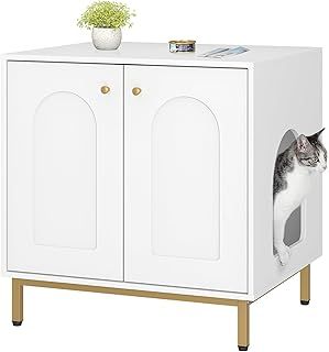 Hzuaneri Cat Litter Box Enclosure, Hidden Litter Box Furniture, Wooden Pet House Side End Table, Storage Cabinet Bench, Fit Most Cat and Litter Box, Living Room, Bedroom, Greige and Gold CB81205G