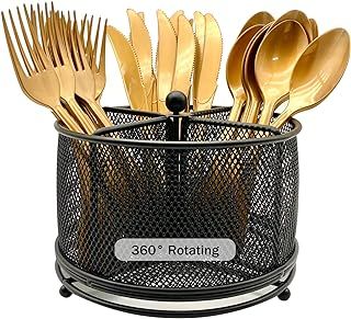 DysanVica 360° Rotating Metal Utensil Caddy - 4 Compartment Silverware Cutlery Holder Rotation Fork Spoon Napkin Organizer Flatware Storage Basket Party Countertop Buffet Picnic Camping Outdoor Black