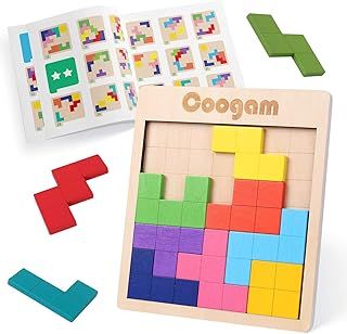 Wooden Tangram Puzzle Pattern Blocks Brain Teasers Game with 60 Challenges, 3D Russian Building Toy Wood Shape Jigsaw Puzzles Montessori STEM Educational Toys Gift for Kids Adults