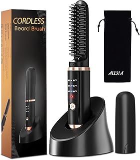 Cordless Beard Straightener for Men, 30s Quick Heat 5000mAh Rechargeable Beard Brush Hair Dryer with 3 Temp. (max 200°), Electric Facial Beard Styler Comb for Business Travel, Auto-Off and Anti-Scald