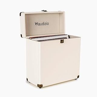 Audizio RC32 Vinyl Record Storage Case - Cream, Stylish LP Storage Case, Durable Record Case Holder with Soft Flannel Lining, Holds 30-35 Records, Metal Latch, Hinge & Carry Handle for Easy Transport