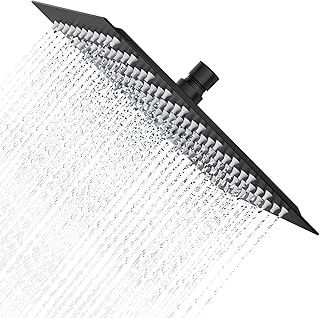 Drenky Rain Shower Head, 25 cm Square Shower Head High Pressure Black 304 Stainless Steel, Universal 1/2 Inch Thread, 360° Rotating, Easy to Install