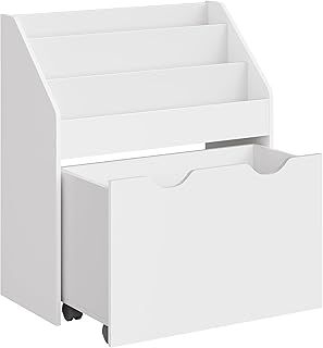 SONGMICS Kids Bookshelf and Toy Organiser, Toy Storage Chest and Bookcase with 3 Shelves, Storage Box with Wheels, Multipurpose, for Children's Room and Playroom, Dove Grey GKR041G10