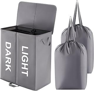 Lifewit 136L Double Laundry Hamper with Lid and Removable Laundry Bags, Large Divided Hamper, Collapsible 2 Section Laundry Basket with Handles for Bedroom, Bathroom, College Dorm, Laundry Room, Grey