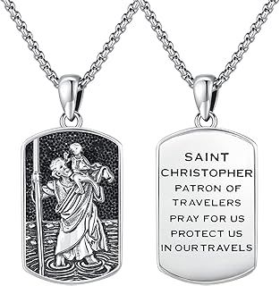 St Christopher Necklace for Men, St Christopher/Jesus Necklace 925 Sterling Silver Antiqued Religious Pendant Men Necklaces Talisman Jewellery Christening Graduation Gifts