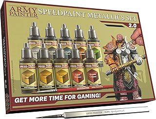 The Army Painter Speedpaint 2.0 Metallics Set Combo, 10 Bottles of Non Toxic Metal Contrast Acrylic Model Paint 18ml, 1 Free Speedpaint Brush and 1 Basecoating Brush for Miniature Fantasy Wargaming