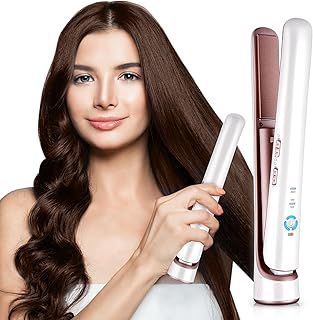 CkeyiN Cordless Hair Straighteners, 2 in 1 Wireless Straighteners and Curler with USB Charging, 3 Temperature Levels & Fast Heat Up, 5200mAh Long Battery Life Portable for Travelling Flat Iron