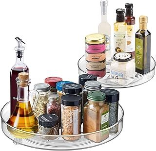 Lazy Susan Turntable Cupboard Organiser, 2 Pcs Rotating Spice Rack Clear Cosmetic Makeup Organiser Spinning Kitchen Organiser for Cabinet, Pantry, Fridge, Countertop 23CM+27CM
