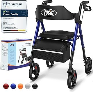VOCIC Rollator Walker with Seat, Brakes, Bag, Foldable Rollator Walking Aid, Adjustable Height, Lightweight Rollator for Disabled, 20cm/8'' Wheels for All Terrain, 5 Year Guarantee,Blue
