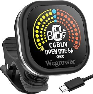 Guitar Tuner Rechargeable, Clip On Tuner with LCD Color Display with Guitar, Ukulele, Violin and Chromatic Tuning Modes for All Stringed Instruments