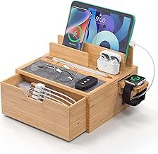 Bamboo Charging Dock Rack, Wooden Charging Station Organizer with Lined Tray & Drawer, Desktop Dock Organizer, Compatible with Tablet, Cell Phone, Earbuds, Smartwatch, Pezin & Hulin