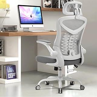 Magic Life Office Chair, Adjustable Desk Chair with Flip-up Armrest, Rebound Seat Cushion, Breathable Mesh High Back, Comfortable Lumbar Support, Movable Headrest 360° Rotation, White