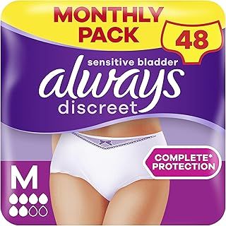 Always Discreet Incontinence Pants Women, Medium, Disposable Underwear Women, UK Size 8-14, White, Absorbency 6, 48 Underwear , Knickers (12 x 4 Packs), Bladder Leak Protection , Maternity Postpartum