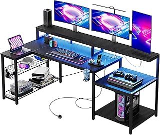 Bestier 181CM Gaming Desk with Power Outlets LED Lights L Shaped Corner Desk with Long Monitor Stand Large Computer Desk with Storage Shelf Cup Holder Headset Hooks Ideal for Gaming Room