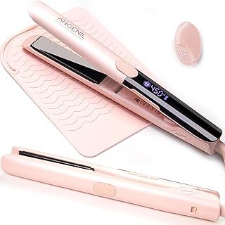 ANGENIL Pro Titanium Flat Iron Hair Straightener, Dual Voltage Straightening and Curling Iron in One, 15s Fast Heating, Negative Ion Round Pink Hair Straightener