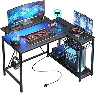 Bestier L-Shaped Computer Desk with Built-in Power Outlets & RGB Strip Lights, 106.5cm Reversible Corner Desk with Shelves & Hooks, Compact Home Office Desk for Small Spaces