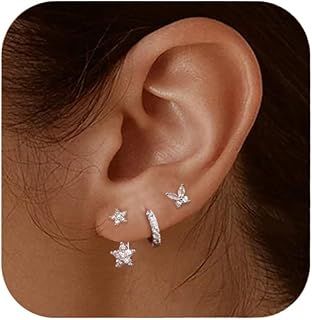 ALEXCRAFT 3 Pairs Sterling silver 925 Set Stud Earrings with Zirconia Piercings for Women Ladies Girls
