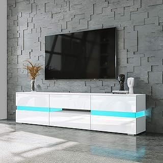 TV Units for Living Room, TV Stand Unit White Matt Body High Gloss Front 2 Doors 1 Drawer TV Cabinet 177cm with RGB LED Light