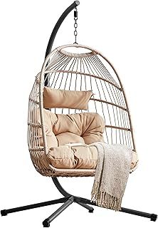 Hanging Egg Chair with Cushion & Stand – Foldable Rattan Swing Chair for Indoor & Outdoor Use, Garden Patio Hammock Pod Seat, Adjustable Height, Supports Up to 160kg (Beige)