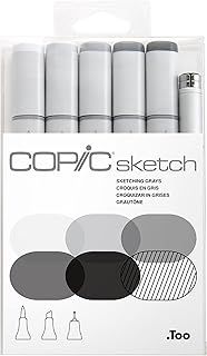 Copic Sketch Coloured Marker Pen - Set of 5 Greys + 1 Multiliner SP, For Art & Crafts, Colouring, Graphics, Highlighter, Design, Anime, Professional & Beginners, Art Supplies & Colouring Books