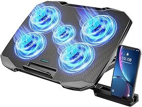 Laptop Cooling Pad, Laptop Cooler with 3&5 Quiet Cooling Fans with Phone Holder for 12-17.3 Inch Laptops, Anti-slip Baffles, 5 Height & Fan Speed Adjustable, 2 USB Port & Blue Led Light (5fans)