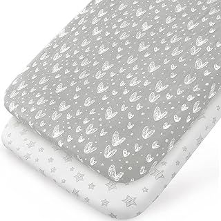 2 Pack Crib Sheets Fitted,100% Hypoallergenic Jersey Cotton, Fits for Snuzpod Bedside Cribs, Kinderkraft Baby Crib LOVI, Grey and White Print