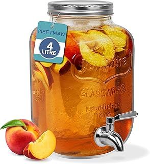 Glass Drink Dispenser with Tap - 4 Litre Mason Jar Drink Dispenser with Leakproof Stainless Steel Tap & Ice Cylinder Fridge Water Dispenser, Punch, Cocktails, Empty Beverage Dispenser