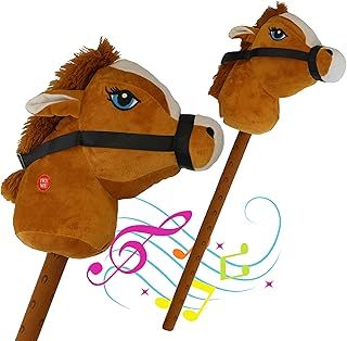 The Magic Toy Shop Brown Hobby Horse on a Stick with Galloping & Neighing Sounds for Kids - Soft Handle, Holding Strap, Toy Horse Plush for Boys and Girls
