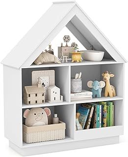 COSTWAY Kids Bookshelf, 3-Tier Children Bookcase Toy Storage Shelf with 5 Cubes, Wooden Doll House Book Shelf for Kids Rooms, Playroom, Nursery, Classroom (White)