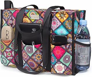 TOPDesign Utility Water Resistant Tote Bag with 13 Exterior & Interior Pockets, Top Zipper Closure & Thick Bottom Support, for Working Women, Teachers, Nurses, Accountants (Yoga)