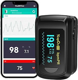 HealthTree Fingertip Pulse Oximeter, Bluetooth Blood Oxygen Saturation Monitor, Pulse Rate Monitor for Apple and Android, with OLED Screen 2 X AAA Batteries and Lanyard