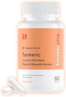 Bettervits Turmeric and Black Pepper Capsules with Boswellia Serrata - 10,000mg Curcumin Supplement | Turmeric Tablets Complex for Joint Support with High Absorption Formula and Vitamin C - 60 Tablets