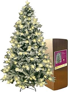 SHATCHI Pre-Lit Artificial Christmas Tree Lapland Fir-LED Lights, Snow Flocked PE/PVC Tips, Snowy Bushy Hinged Branches, Metal Stand for Xmas Home Decorations, Warm White, 210cm