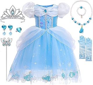 TOLOYE Princess Costumes for Girls, Cinderella Dress Up for Girls with Crown Fairy Wand Necklace Sets, Cinderella Princess Dress Long Skirt, Kids Fancy Dress for Carnival Party Bridesmaid Cosplay
