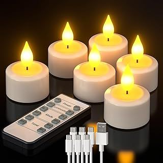 PChero Rechargeable Candles with Remote, 6pcs LED Flameless Flickering Tea Lights USB Electric Candle Lights for Home Room Christmas Party Decoration – Warm White