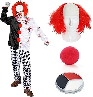 Adults Scary Red Clown Wig & Facepaint - Clown Tunic & Trousers, Red Nose Horror Halloween Fancy Dress