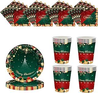 Christmas Party Red Green Tableware Set Decor,20 Paper Napkins 16 Paper Cups 16 Paper Plates,Disposable Paper Dinnerware Christmas Decorations for Him,Her,Adults Party,Kids Xmas Party Favor Tableware